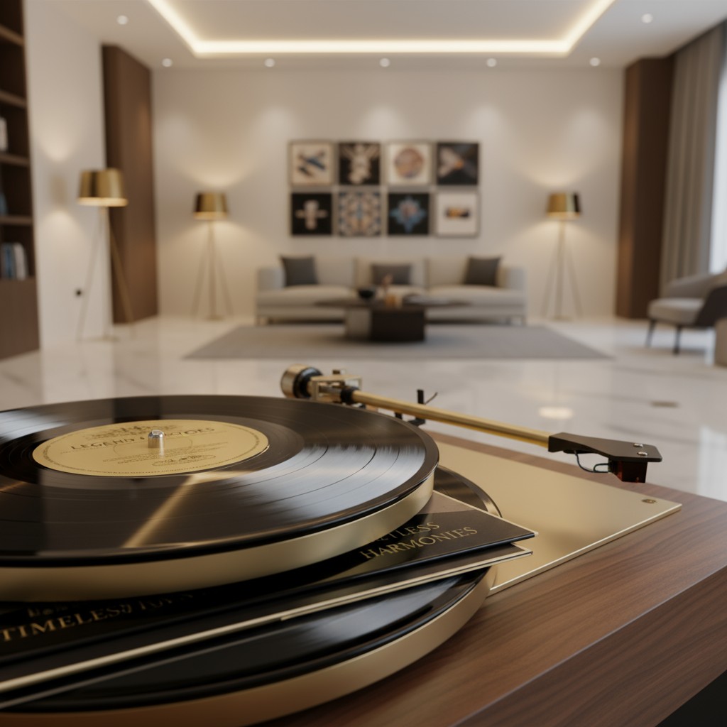 A living room with a record player set up on a wooden table, featuring three records stacked on its surface.