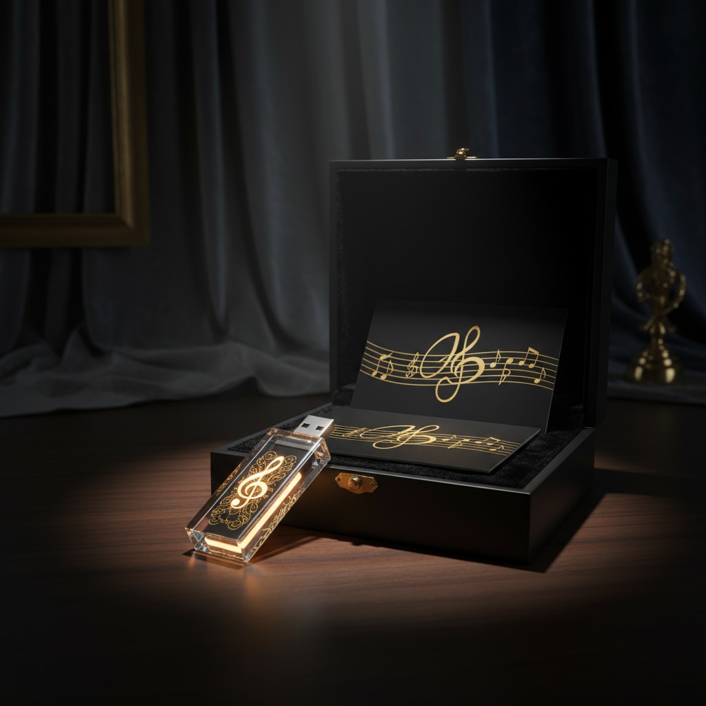 A wooden drawer containing a small black box with an open lid hand-painted with gold cursive, on top is a gold music banne...